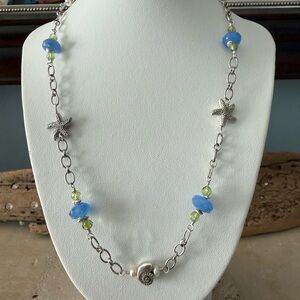 Handcrafted Silver Starfish Necklace with Blue and Green Accents